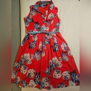 Ellen Tracy Red Sleeveless  Floral Sundress with Notched Collar